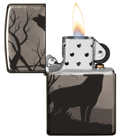 Wolves Design Photo Image 360Â° Black Ice Windproof Lighter with its lid open and lit
