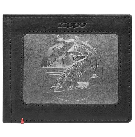 Front of black Leather Wallet With Bass Metal Plate Design - ID Window