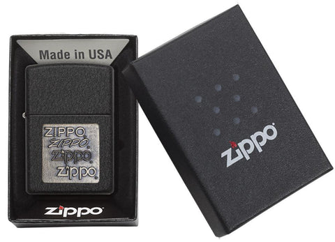 Front view of the Black Crackle® Gold Zippo Logo Emblem Lighter in one box packaging
