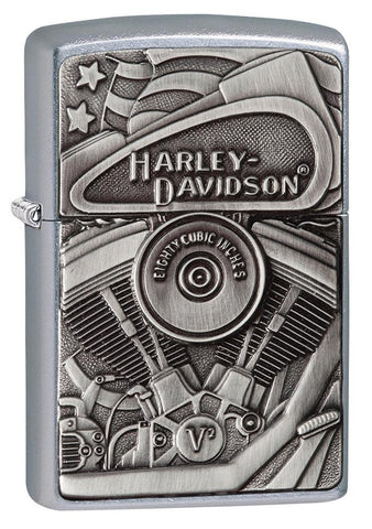 Front shot of Harley-Davidson Street Chrome Windproof Lighter standing at a 3/4 angle