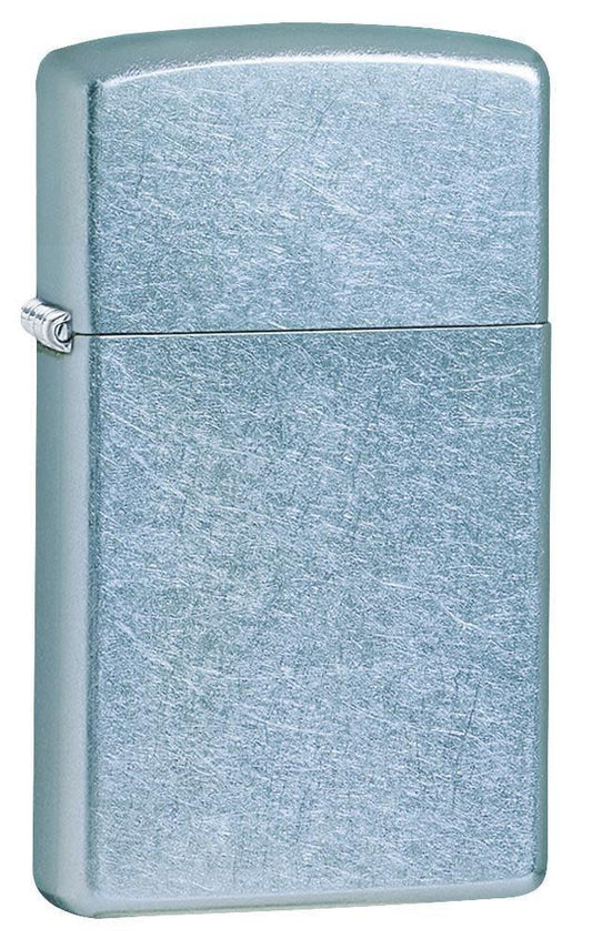 Front shot of SlimÂ® Street Chromeâ„¢ Windproof Lighter standing at a 3/4 angle.