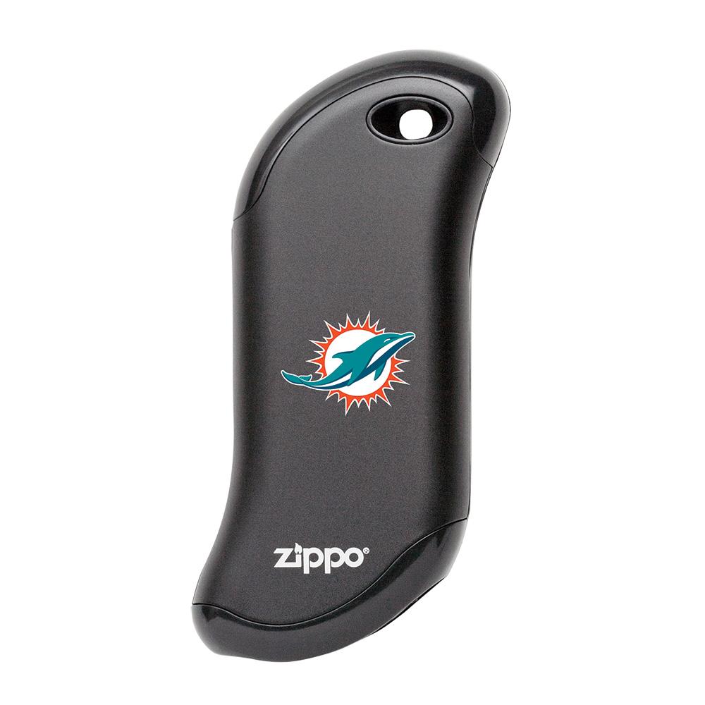Front of black NFL Miami Dolphins: HeatBank 9s Rechargeable Hand Warmer