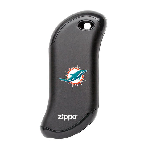 Front of black NFL Miami Dolphins: HeatBank 9s Rechargeable Hand Warmer