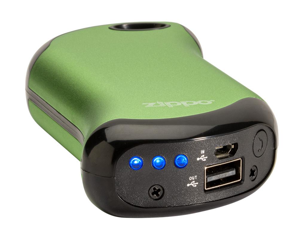 Green HeatBank® 9s Rechargeable Gaming Hand Warmers laying flat showing lights and charger input/outputs and button