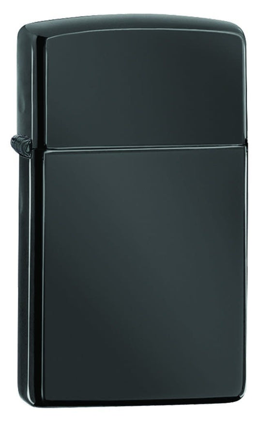 Front shot of SlimÂ® High Polish Black Windproof Lighter standing at a 3/4 angle.