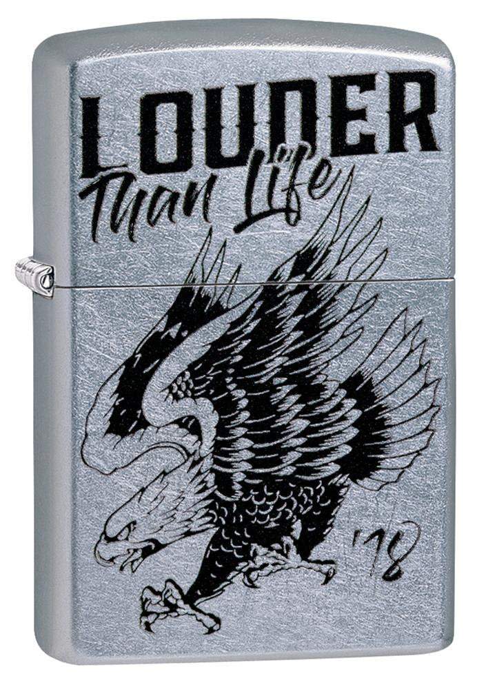 Front view of the Louder Than Life 18 Eagles Dare Lighter shot at a 3/4 angle