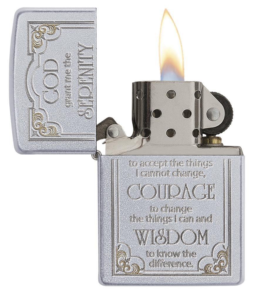 Satin Chrome Serenity Prayer Windproof Lighter with its lid open and lit.