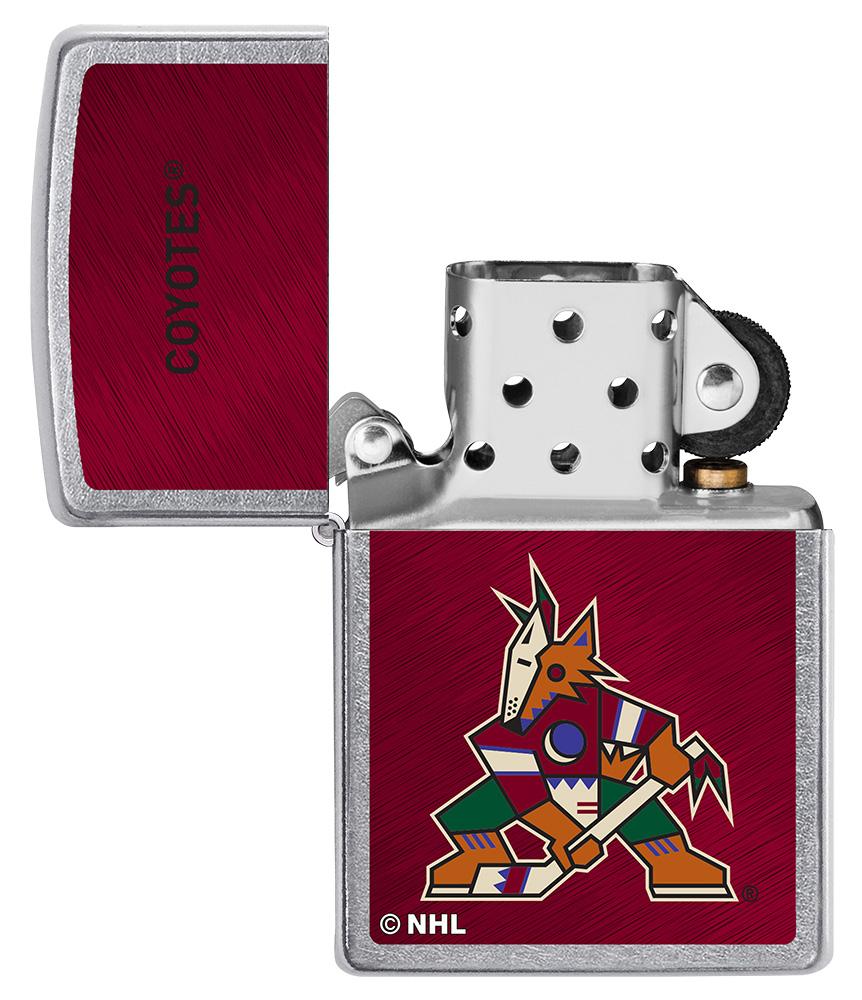 NHL® Arizona Coyotes Street Chrome™ Windproof Lighter with its lid open and unlit