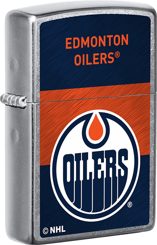 Front shot of NHL® Edmonton Oilers Street Chrome™ Windproof Lighter standing at a 3/4 angle