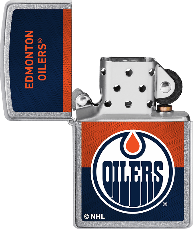 NHL® Edmonton Oilers Street Chrome™ Windproof Lighter with its lid open and unlit