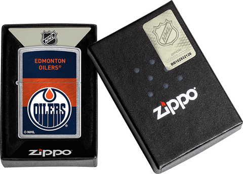 NHL® Edmonton Oilers Street Chrome™ Windproof Lighter in its packaging