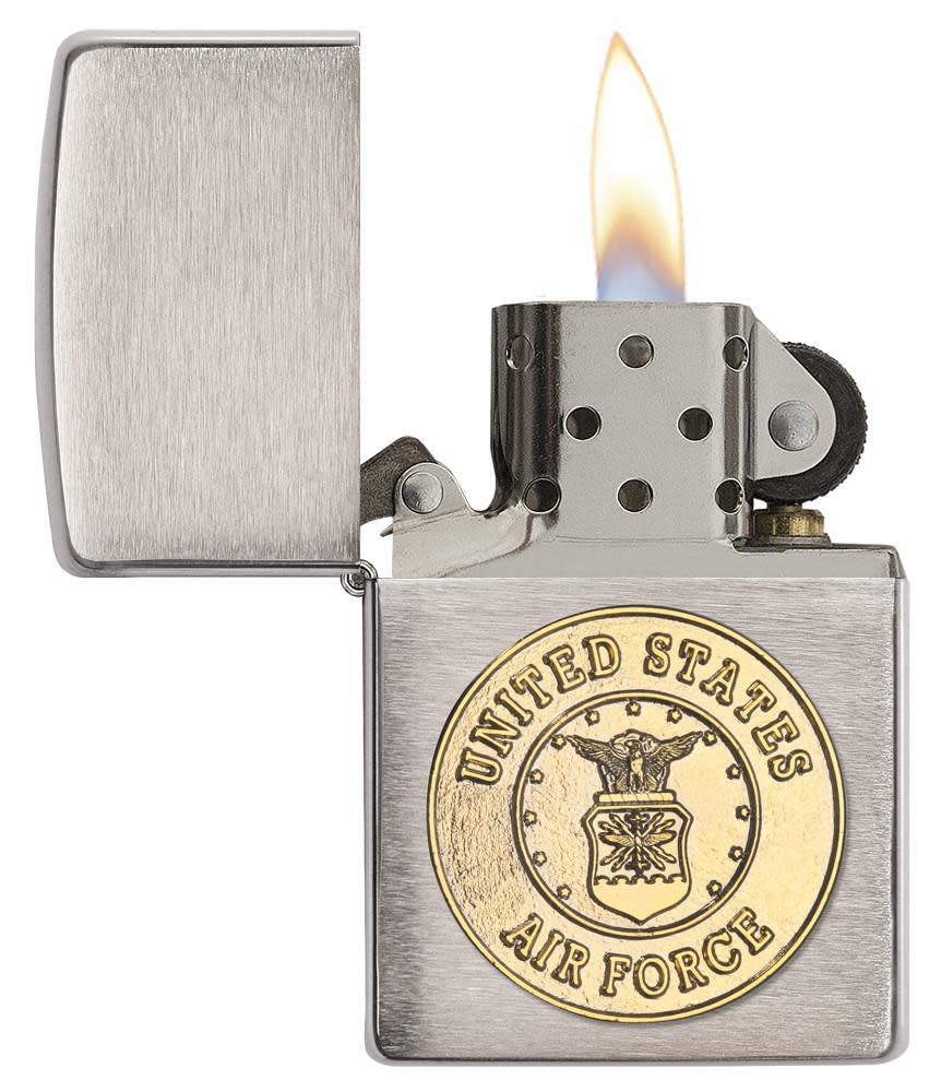 United States Air Force Bronze Emblem Windproof Lighter open and lit