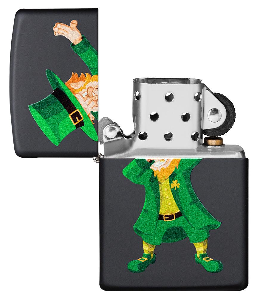 Dabbing Leprechaun Black Matte Windproof Lighter with its lid open and not lit