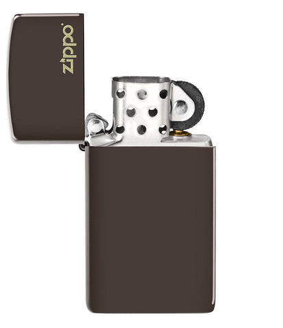 Slim Brown Zippo Logo Windproof Lighter with its lid open and unlit