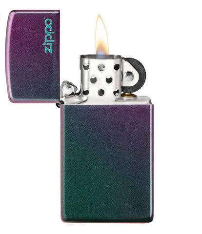 Slim Iridescent Zippo Logo Windproof Lighter with it lid open and lit
