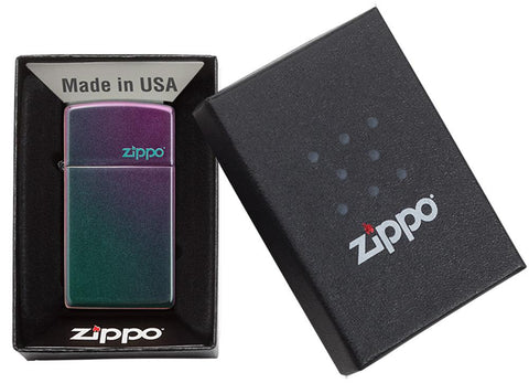 Slim Iridescent Zippo Logo Windproof Lighter in its packaging