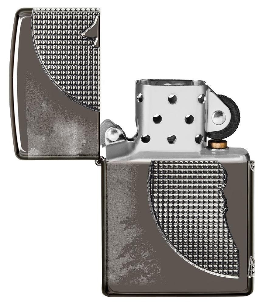 Wolf Design Armor® Black Ice® Windproof Lighter with its lid open and unlit