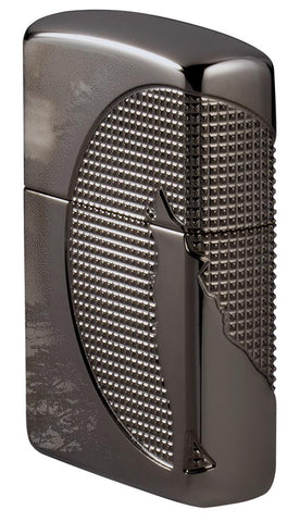 Angled shot of Wolf Design Armor® Black Ice® Windproof Lighter showing the front and right side of the lighter