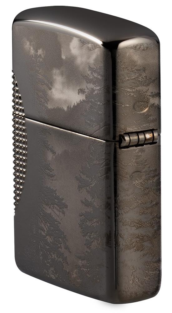 Angled shot of Wolf Design Armor® Black Ice® Windproof Lighter showing the back and the hinge side