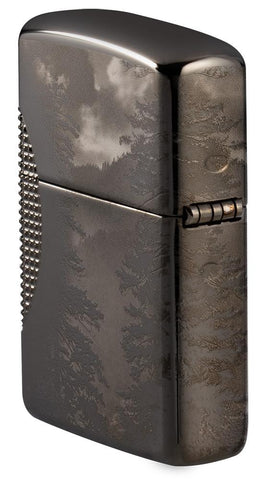 Angled shot of Wolf Design Armor® Black Ice® Windproof Lighter showing the back and the hinge side
