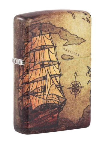 Front shot of Pirate Ship Design 540 Color Windproof Lighter standing at a 3/4 angle