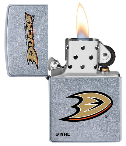 ©NHL Anaheim Ducks Street Chrome™ Windproof Lighter with its lid open and lit