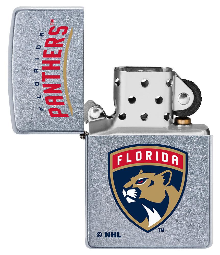 NHL Florida Panthers Street Chrome Windproof Lighter with its lid open and unlit