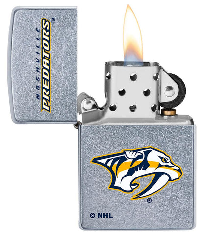 ©NHL Nashville Predators Street Chrome™ Windproof Lighter with its lid open and lit