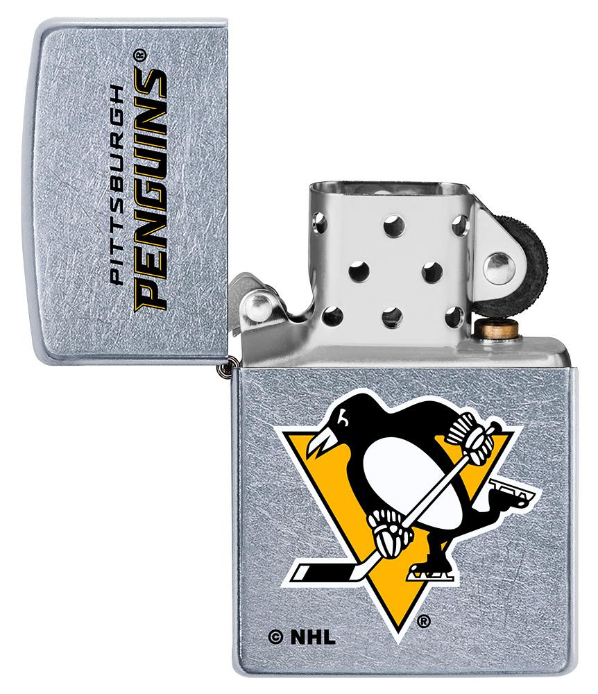 ©NHL Pittsburgh Penguins Street Chrome™ Windproof Lighter with its lid open and unlit