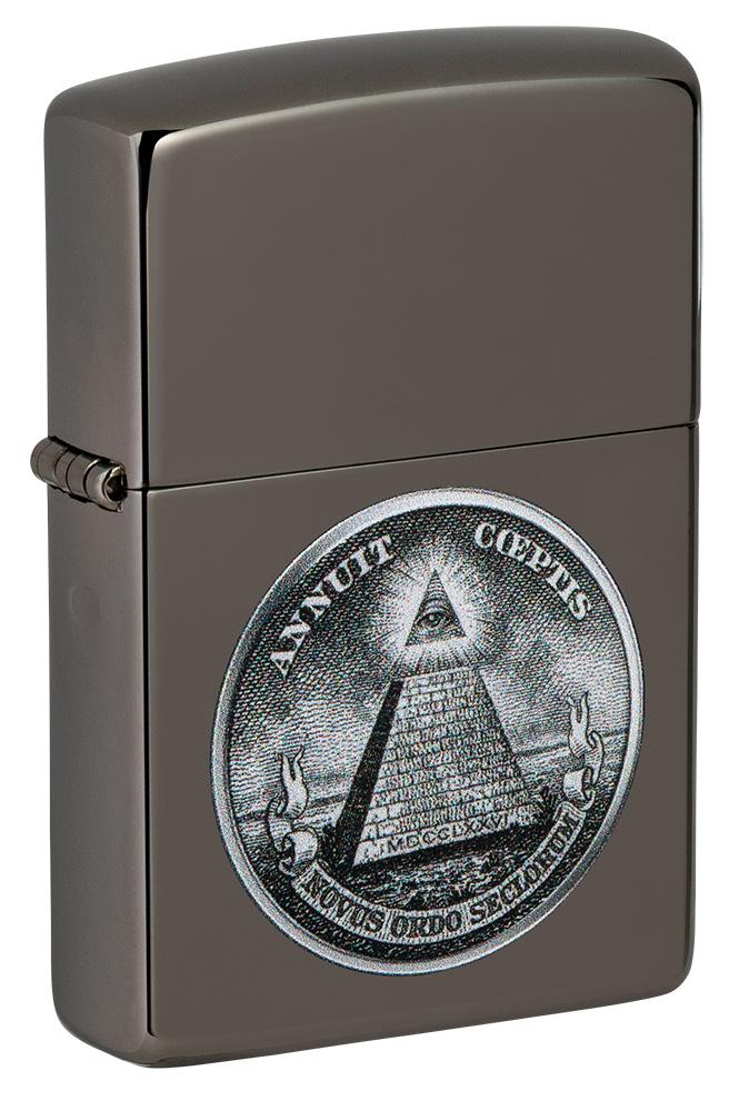 Front shot of Dollar Design Black Ice Windproof Lighter standing at a 3/4 angle