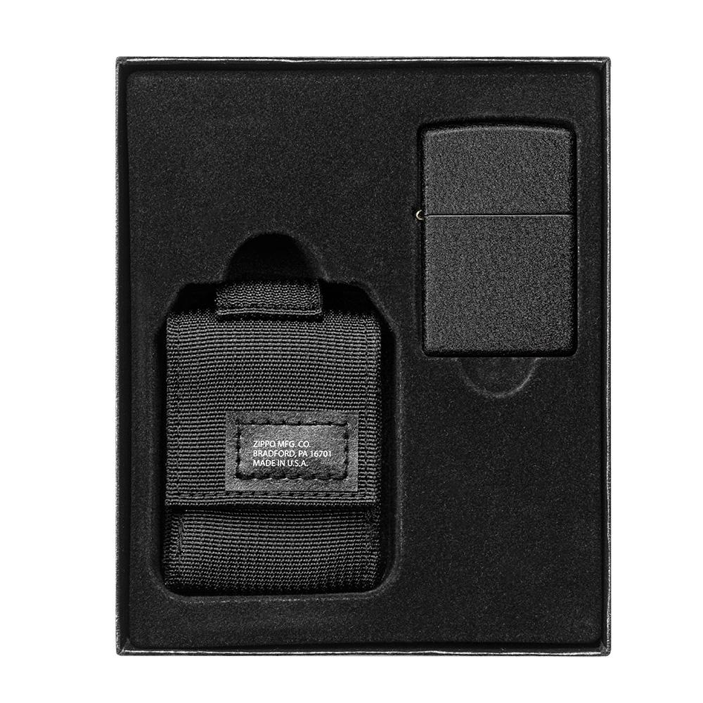Black Tactical Pouch and Black Crackle Windproof Lighter Gift Set in packaging