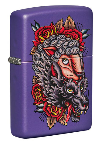 Front shot of Wolf in Sheep's Clothing Design Purple Matte Windproof Lighter standing at a 3/4 angle