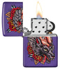 Wolf in Sheep's Clothing Design Purple Matte Windproof Lighter with its lid open and lit