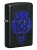 Front shot of Werewolf Design Black Matte Windproof Lighter standing at a 3/4 angle