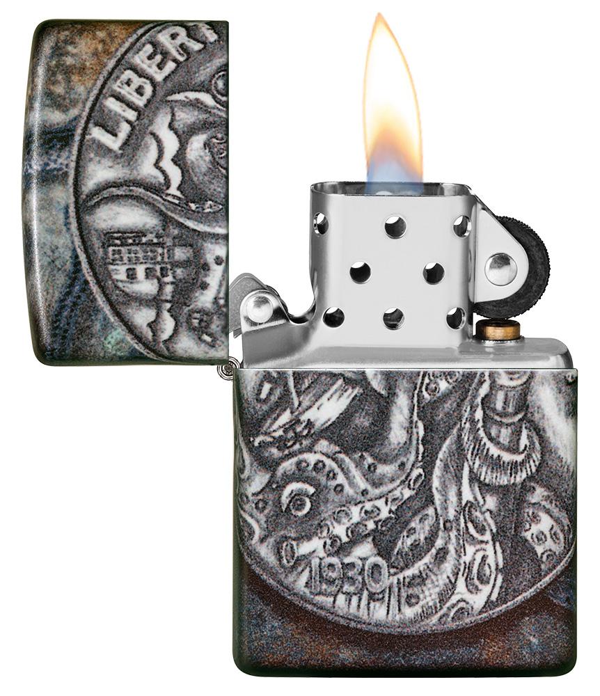 Pirate Coin 540 Color Design Windproof Lighter with its lid open and lit