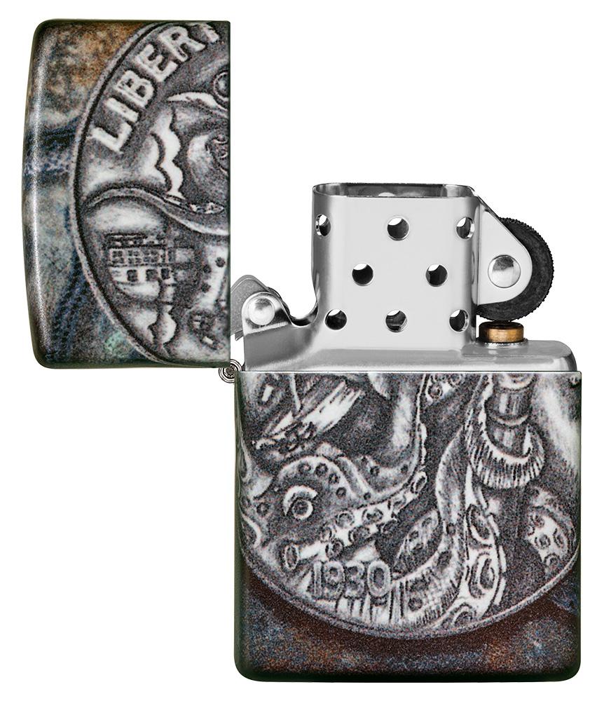Pirate Coin 540 Color Design Windproof Lighter with its lid open and unlit