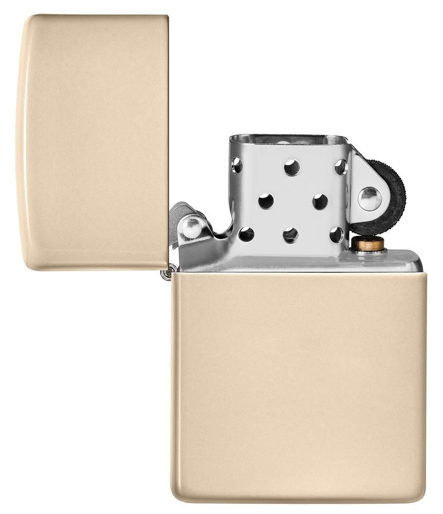 Classic Flat Sand Windproof Lighter with its lid open and unlit