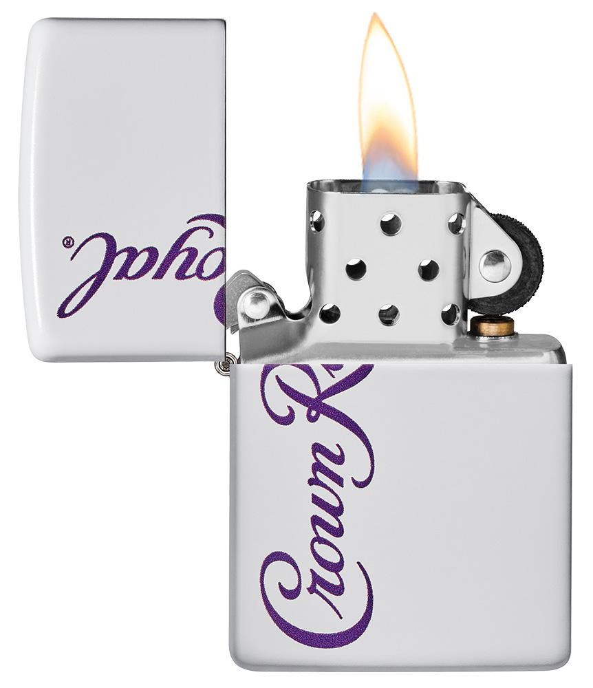 Crown Royal® White Matte Windproof Lighter with its lid open and lit