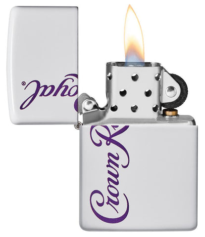 Crown Royal® White Matte Windproof Lighter with its lid open and lit