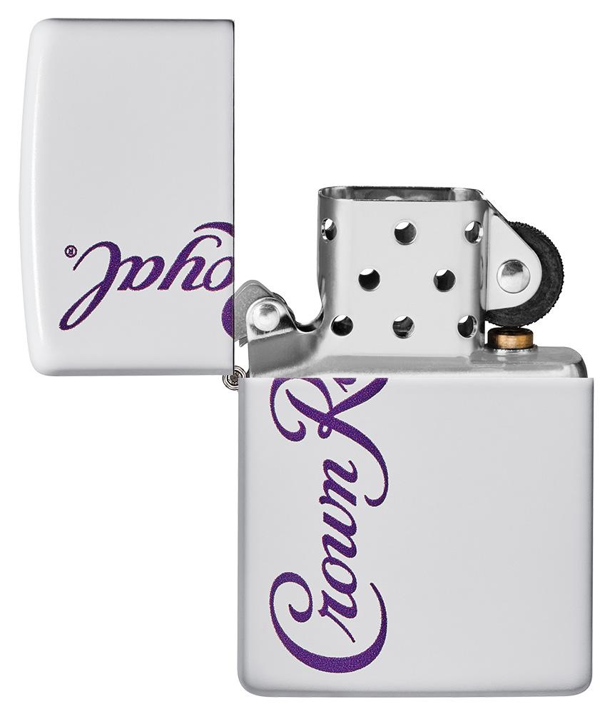 Crown Royal® White Matte Windproof Lighter with its lid open and unlit