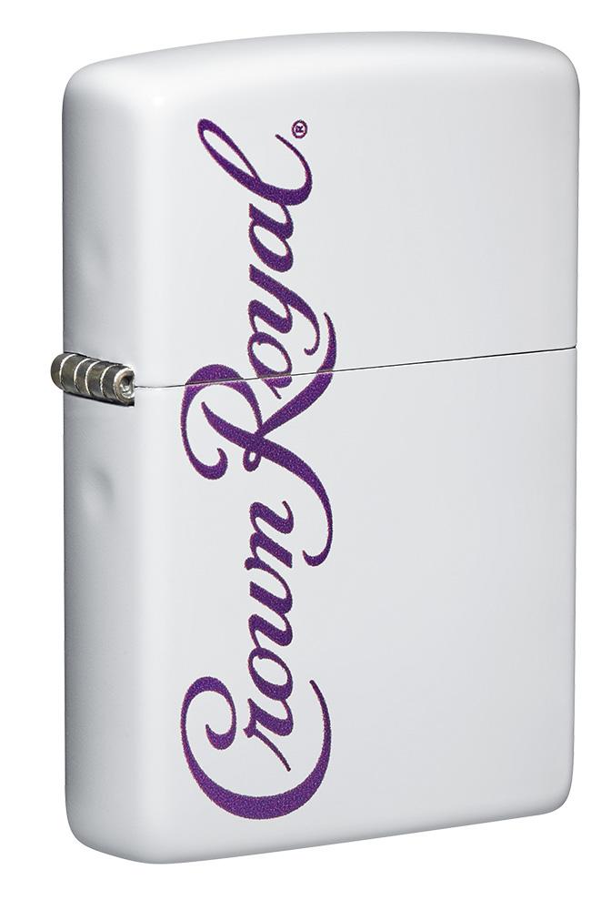 Front shot of Crown Royal® White Matte Windproof Lighter standing at a 3/4 angle