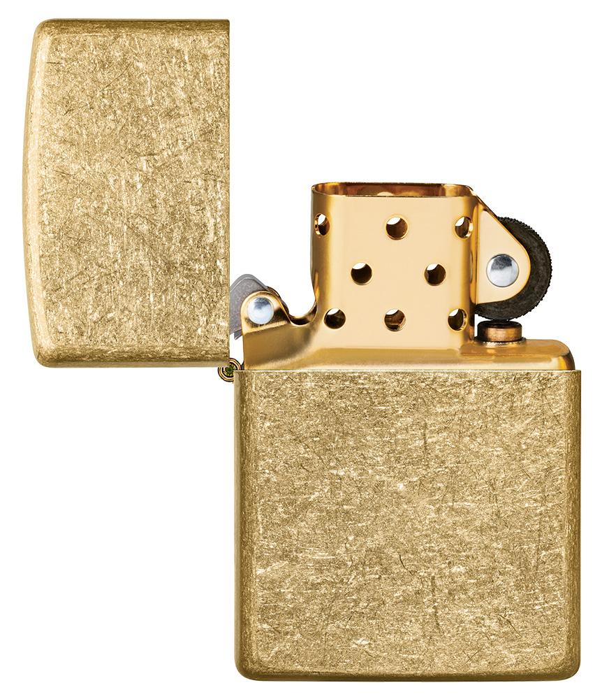 Classic Tumbled Brass Windproof Lighter with its lid open and unlit