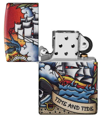 Nautical Tattoo Design 540 Color Windproof Lighter with its lid open and unlit