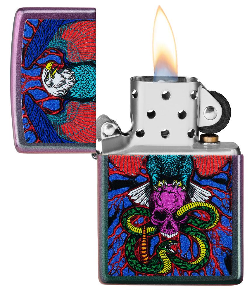 Eagle, Snake, Skull Design Iridescent Windproof Lighter with its lid open and lit