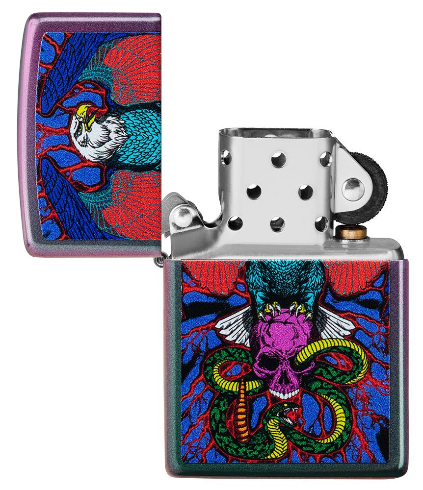 Eagle, Snake, Skull Design Iridescent Windproof Lighter with its lid open and unlit