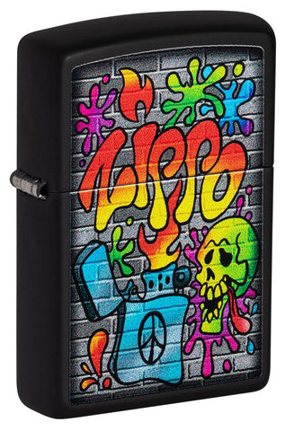 Front shot of Zippo Street Art Design Black Matte Windproof Lighter standing at a 3/4 angle