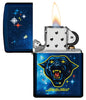 Santa Cruz Panther Navy Matte Windproof Lighter with its lid open and lit