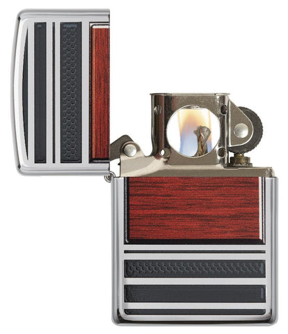 Pipe Wood Design High Polish Chrome Windproof Lighter with its lid open and lit