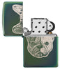 French Bulldog Design High Polish Green Windproof Lighter with its lid open and unlit