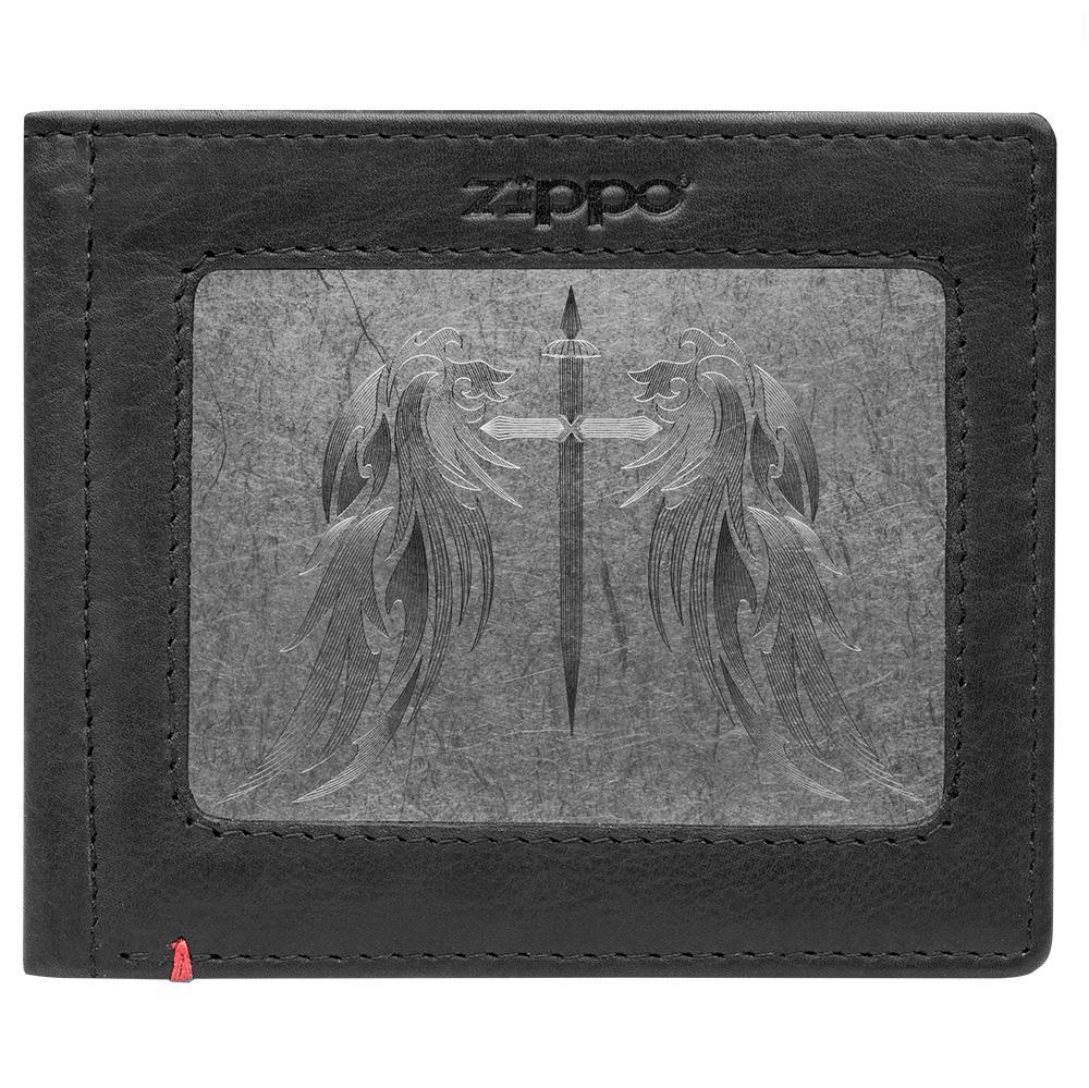 Front of black Leather Wallet With Cross Wings Metal Plate Design - ID Window